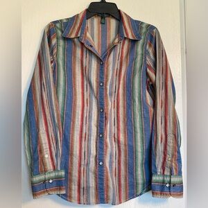 Lauren Ralph Lauren Striped Pearl Snap Cotton Button Shirt Multi Color Women M